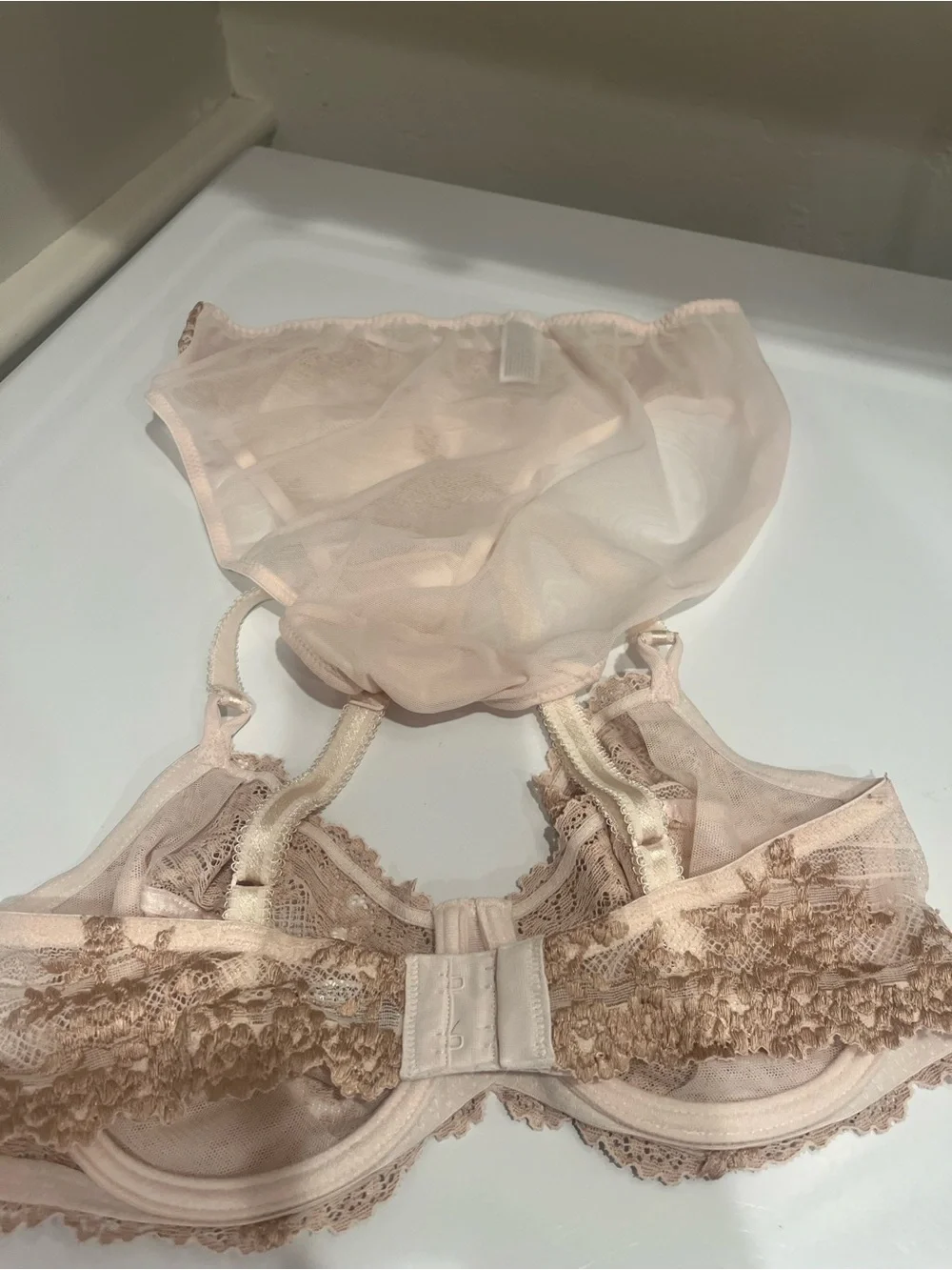 Wacoal Lace Underwire Bra and Matching Briefs in Light Blush bra 34 D panties S